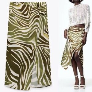 ZARA green satin tiger print wrap front high slit skirt size XS